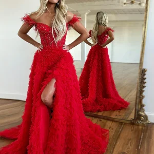 Robe de bal de fin d'année princesse rouge à épaules dénudées