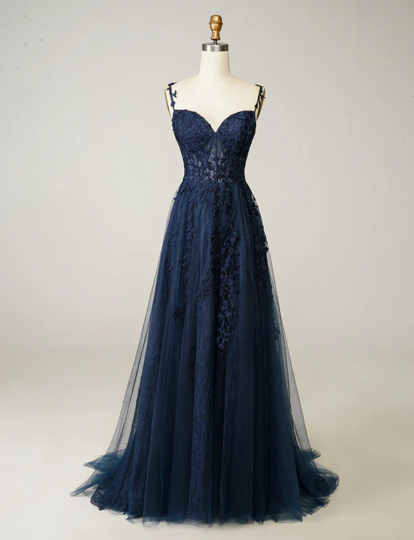 Robe de bal de fin d'année à bretelles spaghetti, marine, avec applications – Image 9