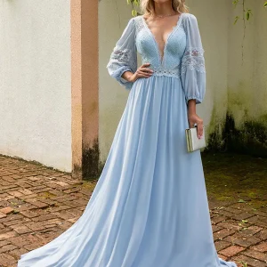 Robe de Soirée Bleu Ciel à Manches Longues