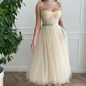 Robe de Soirée Simple Abricot avec Perles