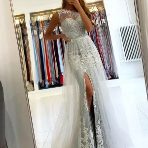 Robe de Soirée en Tulle Sirène Gris Clair