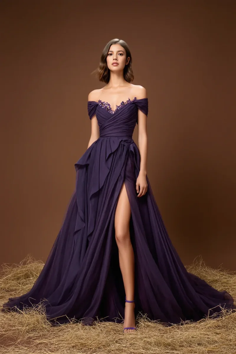 Élégante robe de bal longue à épaules dénudées violette avec fente