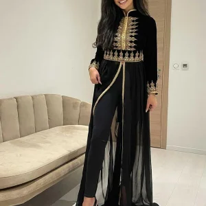 Caftan Marocain Noir Col Haut(Pantalon Non Inclus)
