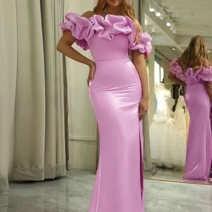 Robe longue de sirène à fleurs rose pailleté avec fente