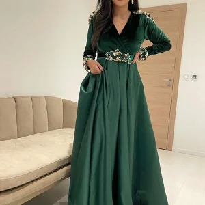 Caftan Marocain en Velours et Satin Vert