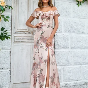 Robe de mariée longue et fendue avec fleurs imprimées Shoudler