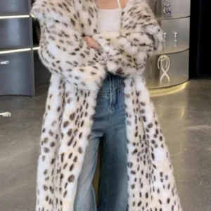 Manteau long d'hiver en fourrure épaisse et chaude à revers imprimé léopard pour femme