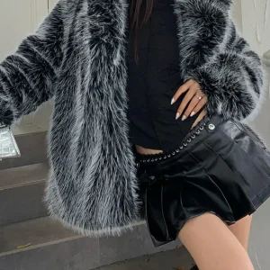 Manteau d'hiver en fourrure de peluche chaude moyenne et longue pour femme, revers noir et blanc