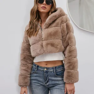 Manteau court d'hiver en fourrure moelleuse et chaude pour femme, kaki, à capuche, de haute qualité
