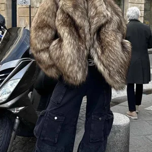 Manteau long d'hiver en fourrure pour femme, ample, chaud et moelleux, gris et marron