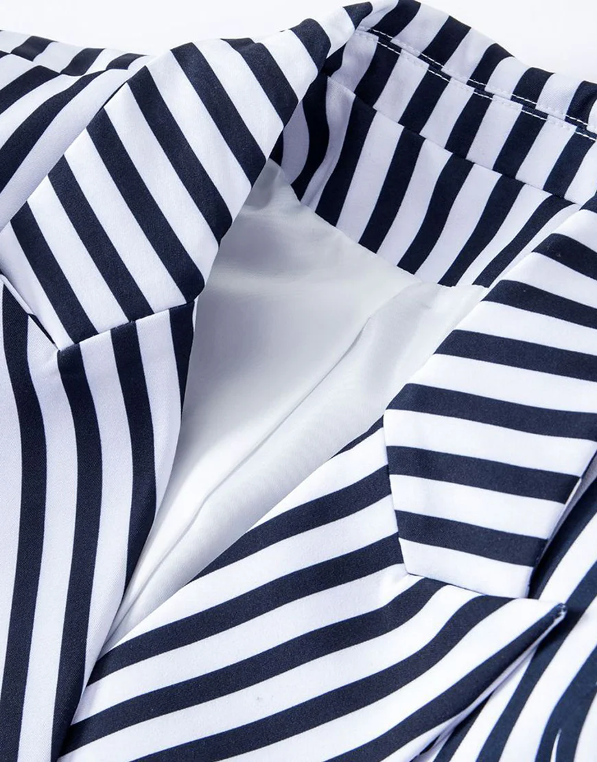 Veste femme taille fine avec revers pointus, à rayures blanches et bleues – Image 4