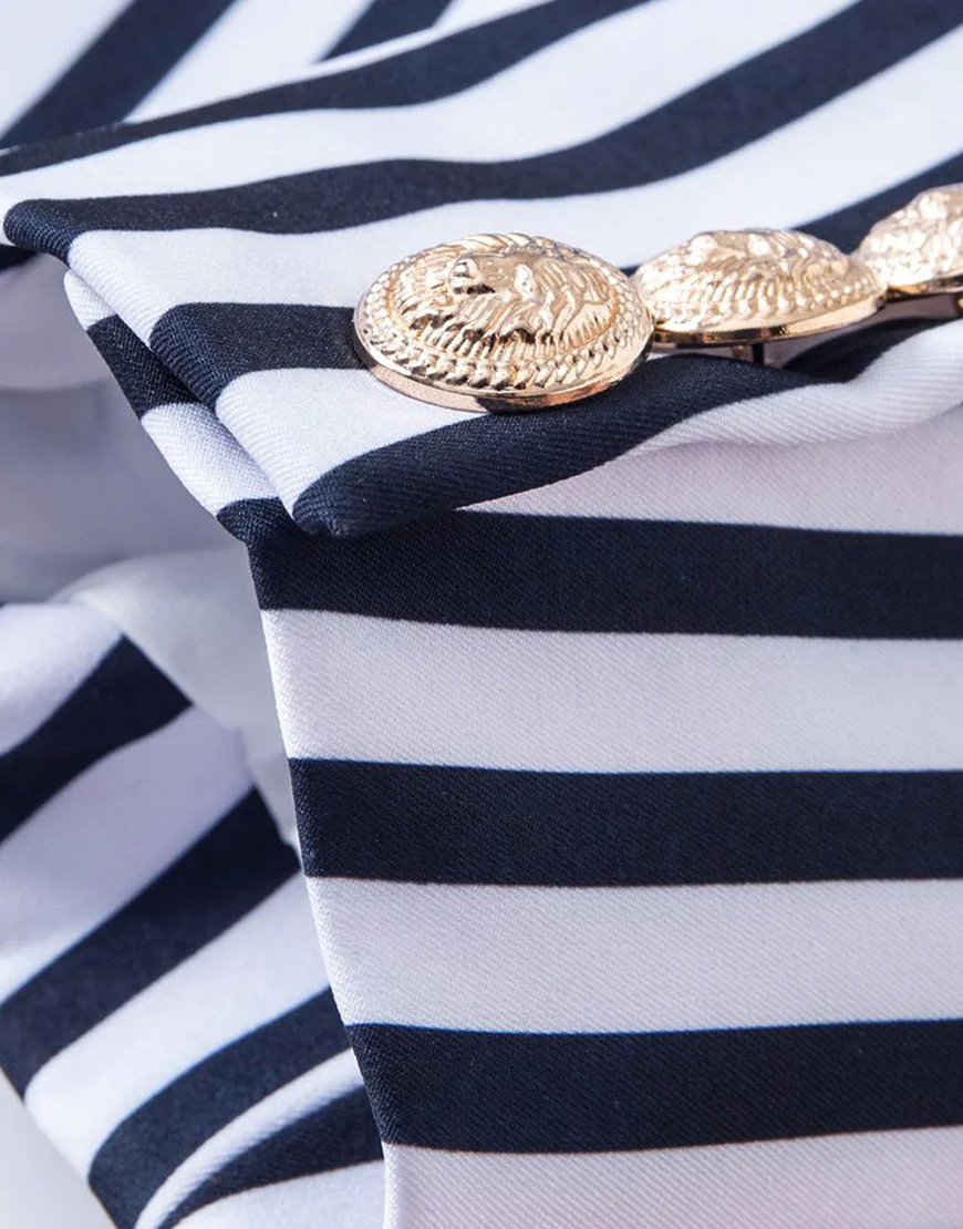 Veste femme taille fine avec revers pointus, à rayures blanches et bleues – Image 7