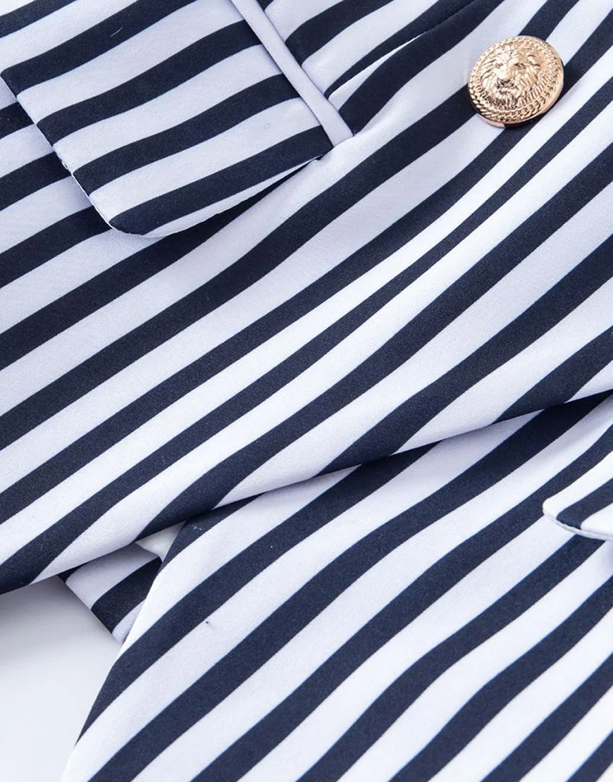 Veste femme taille fine avec revers pointus, à rayures blanches et bleues – Image 8