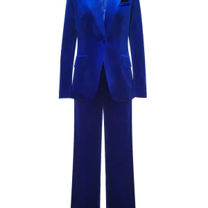 Costume de femme en velours bleu royal avec revers échancré et une seule bouton