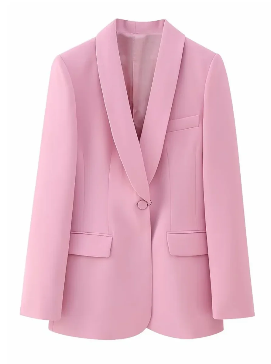 Veste de femme en deux pièces avec revers en écharpe rose et une boucle unique – Image 3