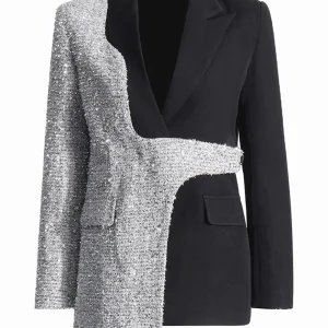 Veste femme slim fit à revers pointus, en argent et noir, de mode