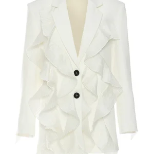 Veste féminine à une rangée de boutons, avec revers en dentelle blanche, jabot et revers échancrés