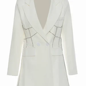 Blazer féminin ajusté moulant, avec revers pointus blancs, double boucle et décorations en cristaux