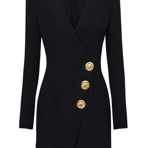 Veste féminine noire en V, à un rang de boutons devant et fermeture éclair sur le dos