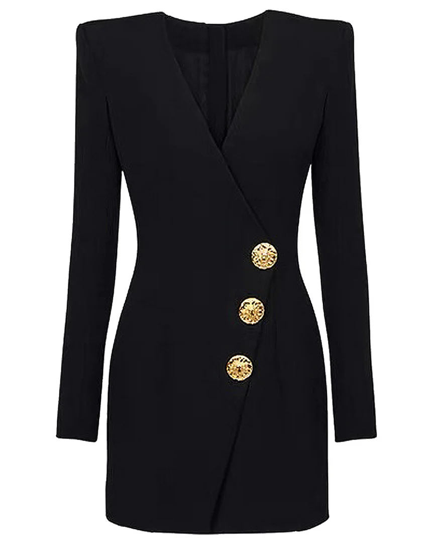 Veste féminine noire en V, à un rang de boutons devant et fermeture éclair sur le dos – Image 2