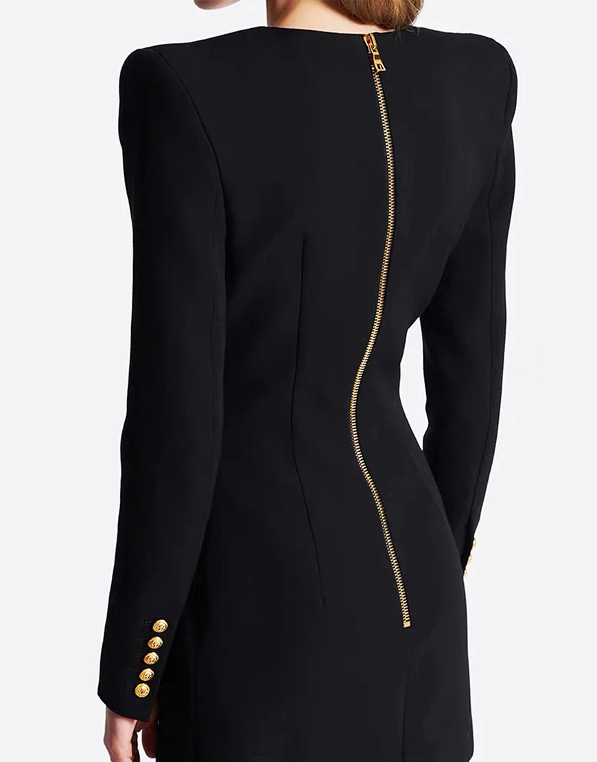 Veste féminine noire en V, à un rang de boutons devant et fermeture éclair sur le dos – Image 3