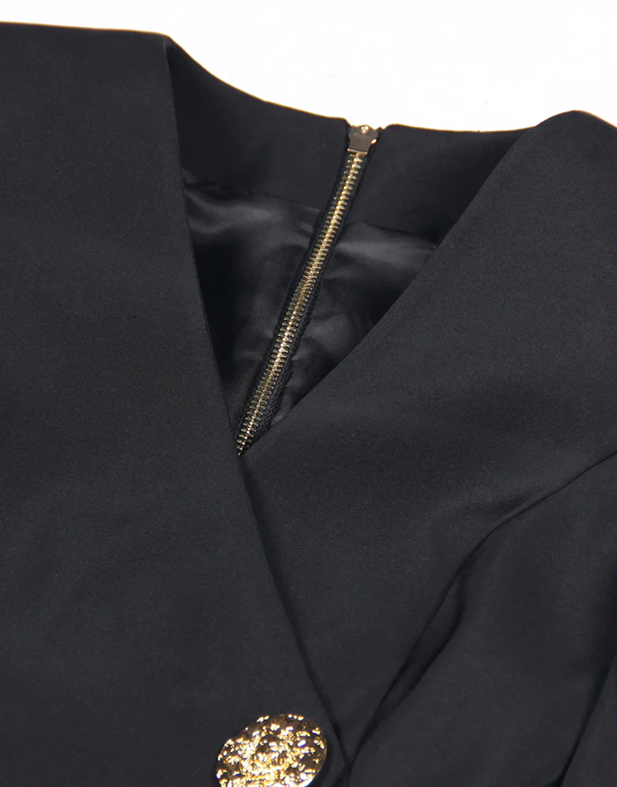 Veste féminine noire en V, à un rang de boutons devant et fermeture éclair sur le dos – Image 4