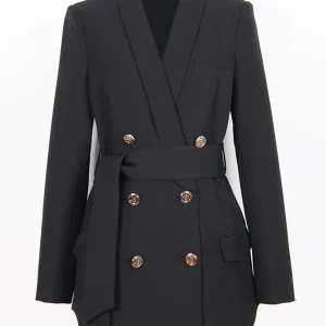 Veste féminine double-breasted avec revers en cachemire noir et une ceinture