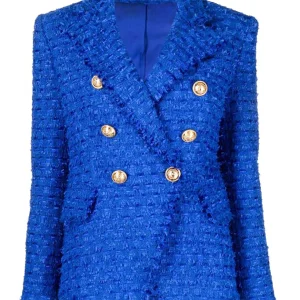 Veste pour femmes double-breasted avec revers en pointillé bleu royal et glands