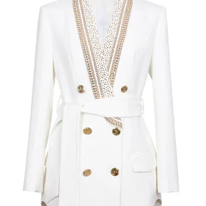 Blazer féminin à revers en cachemire blanc, double-breasted, avec perles et ceinture