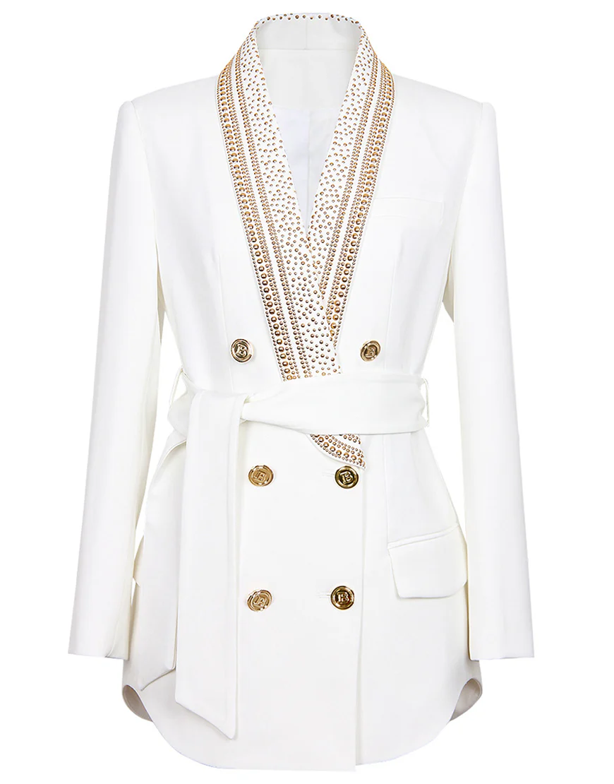 Blazer féminin à revers en cachemire blanc, double-breasted, avec perles et ceinture