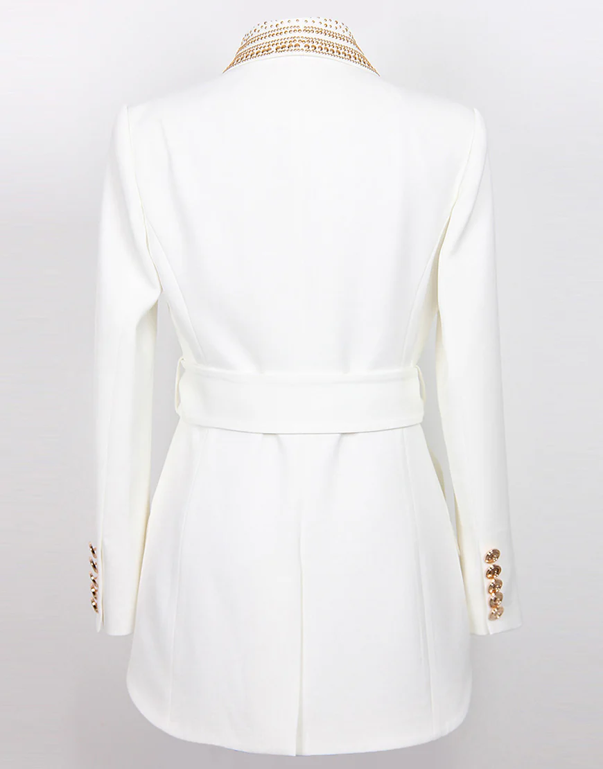 Blazer féminin à revers en cachemire blanc, double-breasted, avec perles et ceinture – Image 6