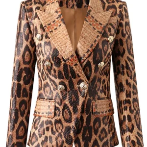 Veste femme ajustée moulante, à revers pointus en satin léopard, avec une seule boucle