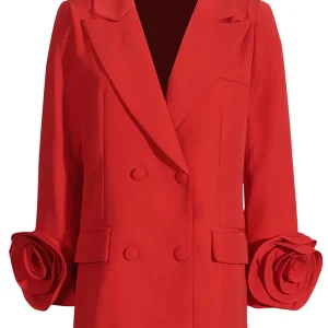 Veste féminine à revers pointus rouges, double boutonnée, avec manches fleuries