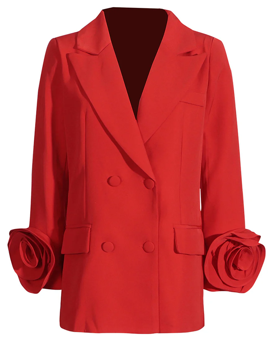 Veste féminine à revers pointus rouges, double boutonnée, avec manches fleuries – Image 2
