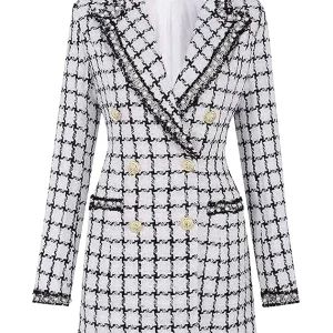 Mélange de manteau long pour femmes en grille noire à revers pointus et coupe slim