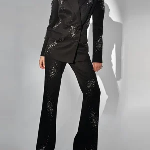 Costume féminin 2 pièces slim fit à revers pointus noir scintillant et double boutonnage