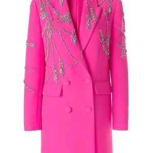 Manteau double-breasted pour femmes avec revers en pointe fuchsia et décor de cristaux