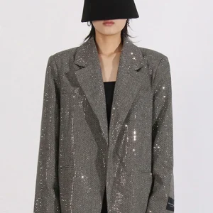 Veste de femme en sequins gris pailleté à revers en pointe de mode