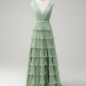 Robe de bal en mousseline de soie à volants en cascade et col en V Dusty Sage