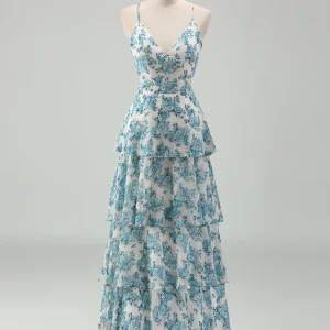 Robe de bal en A avec des volants en cascade de mousseline blanche-bleue et fleuri