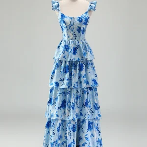 Robe de bal bleue en ligne A, avec un décolleté en poche et des volants en cascade
