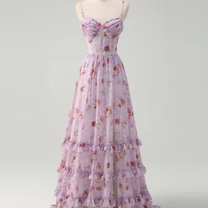 Robe de bal enfilable avec lacets imprimée en pâtes grises et violettes en dentelle