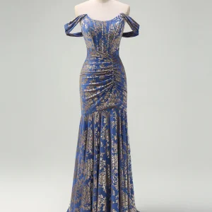 Robe de bal avec application en col bateau mermaid gris-bleu