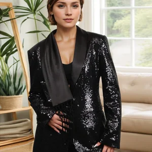 Veste femme avec revers en losanges noirs en paillettes et franges