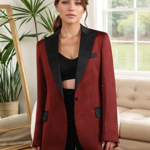 Veste de tailleur féminine formelle avec col revers pointu en maille rustique jacquard et une seule boucle