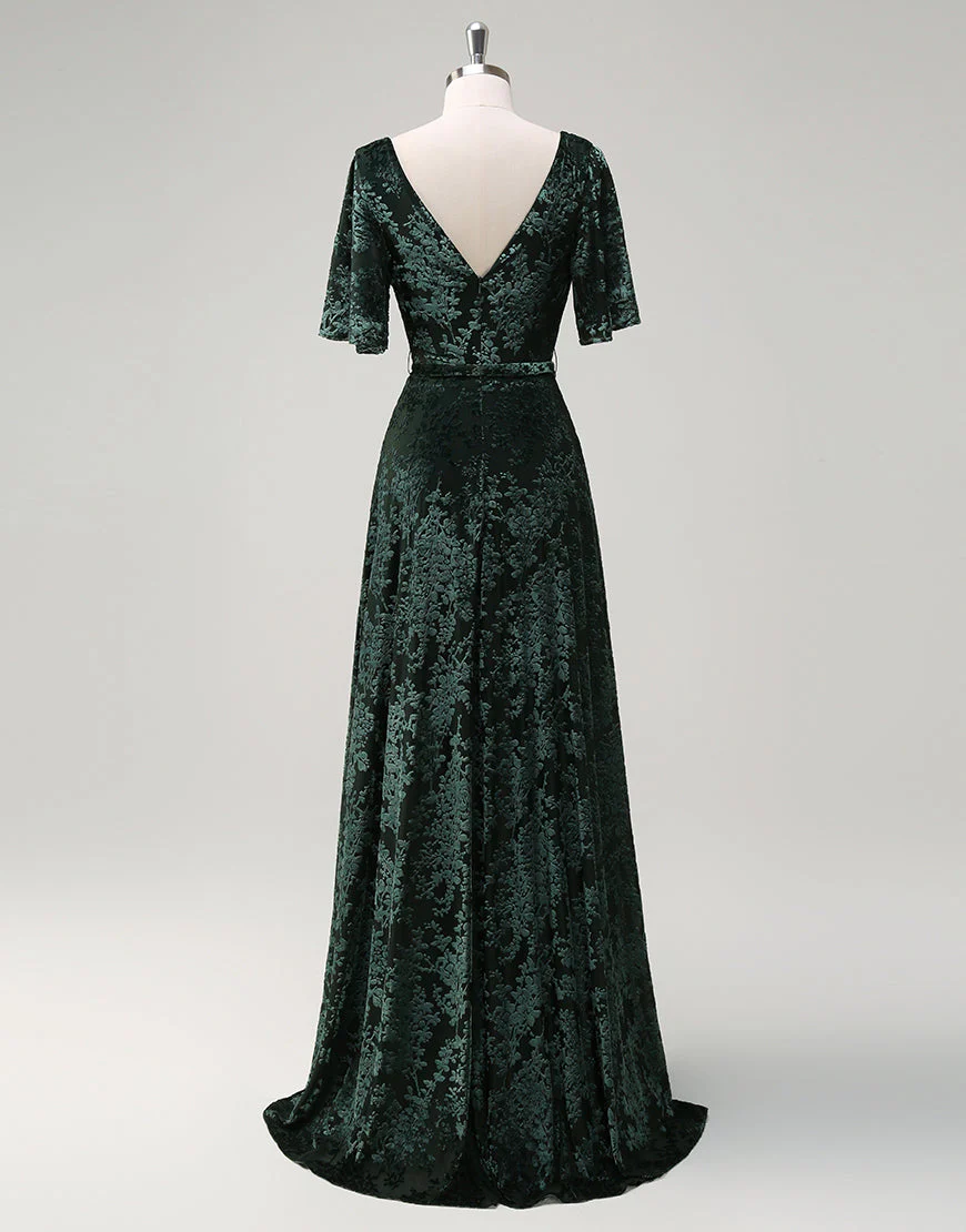 Robe de bal trapèze vert foncé avec appliques et manches mi-longues à col en V – Image 3