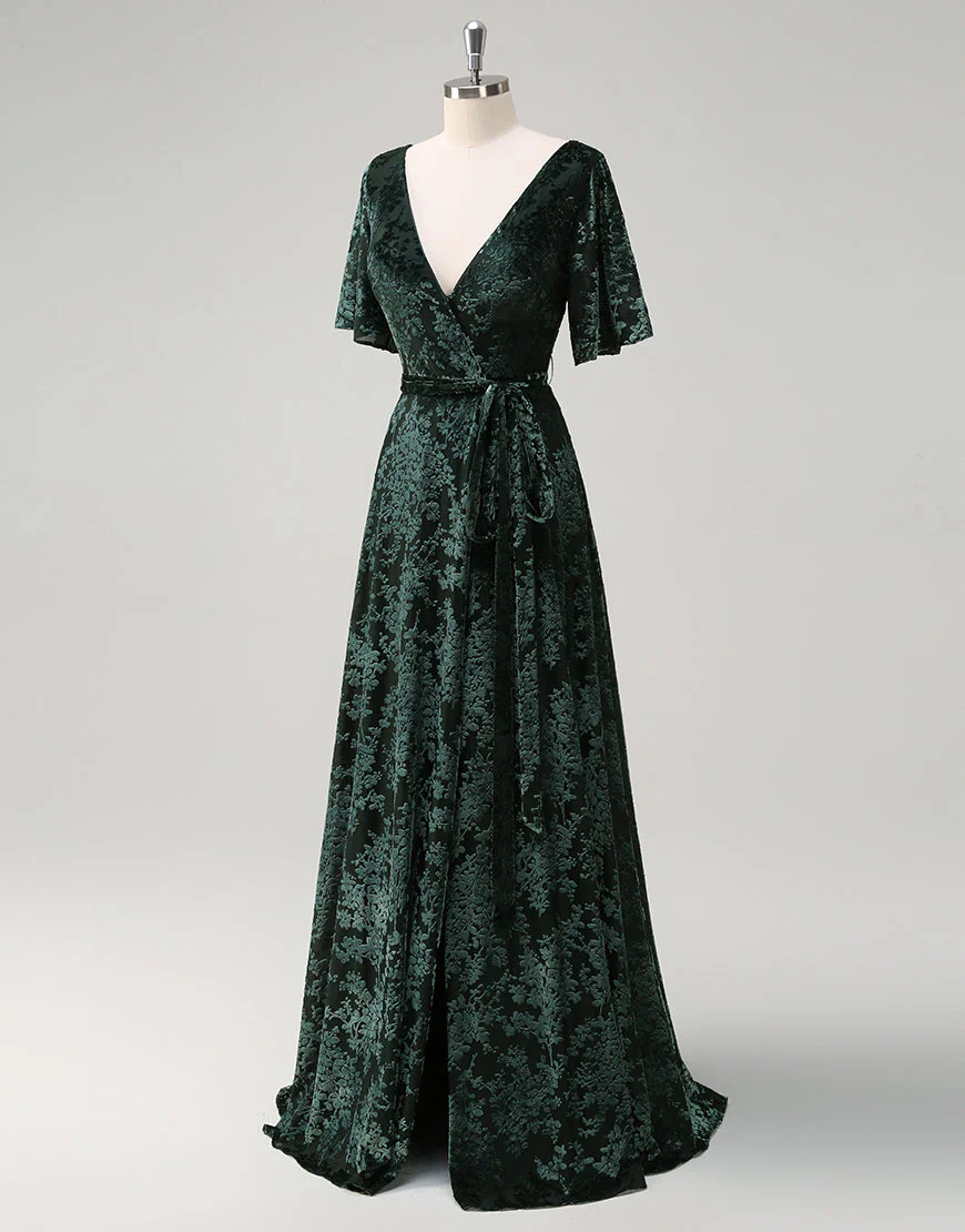 Robe de bal trapèze vert foncé avec appliques et manches mi-longues à col en V – Image 4
