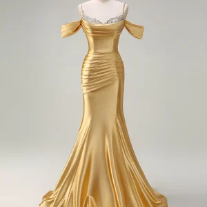 Robe de bal sirène dorée sans bretelles à sequins froncés
