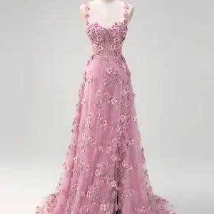 Robe de bal en tulle à fines bretelles avec appliques en dentelle et fleurs 3D Taro