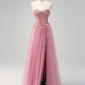 Robe de bal longue en tulle avec décolleté en cœur et fente, motif floral 3D Taro